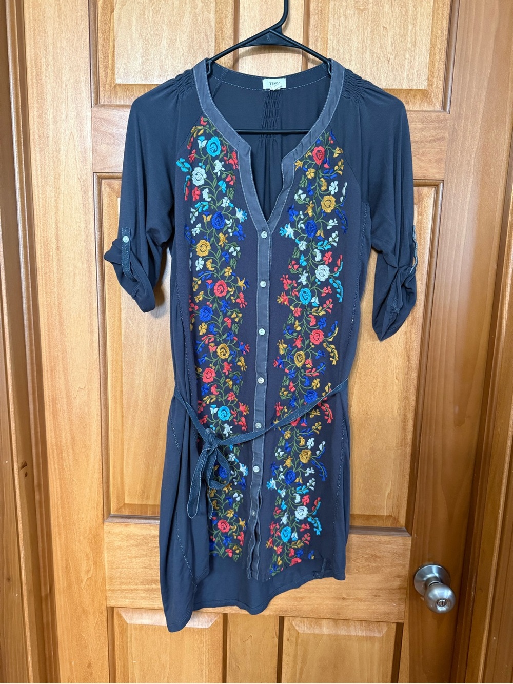 Anthropologie Tiny Navy Blue Floral Embroidered Shirt Dress Tie Waist Size S